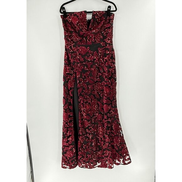 Dress The Population Sequin Floral Lace Fernanda Gown Strapless Burgundy, XL - Picture 2 of 11